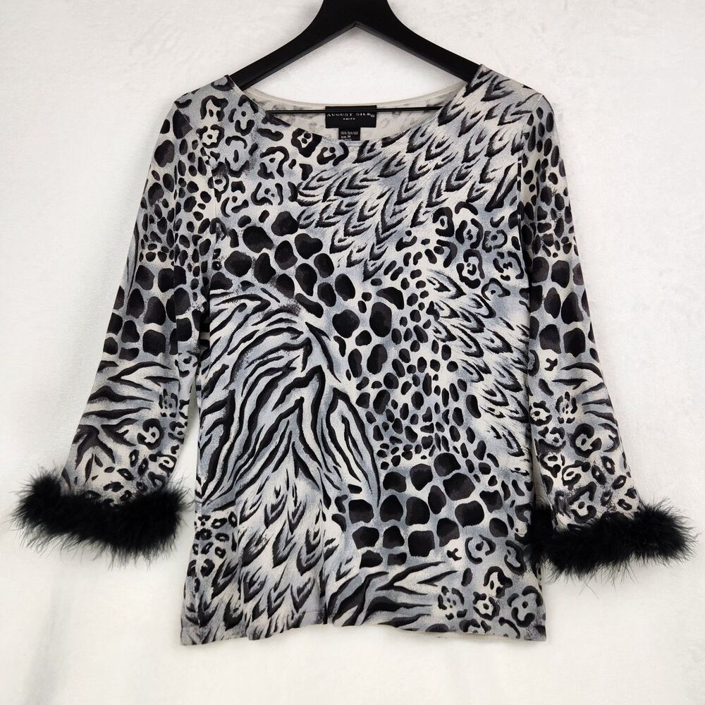 August Silk Knits 100% Silk Sweater Medium Animal Print Feather Cuffs Posh‎ Chic